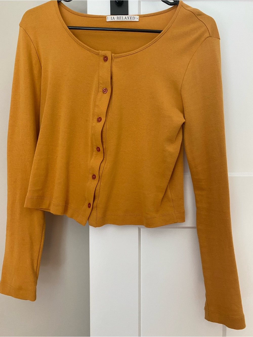 La Relaxed Organic Rib Cardigan in Mustard